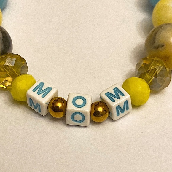 Mom Mother Wrist Bracelet with Agate Beads 10mm Size in Yellow Lemon, Blue & Tan - Picture 2 of 2
